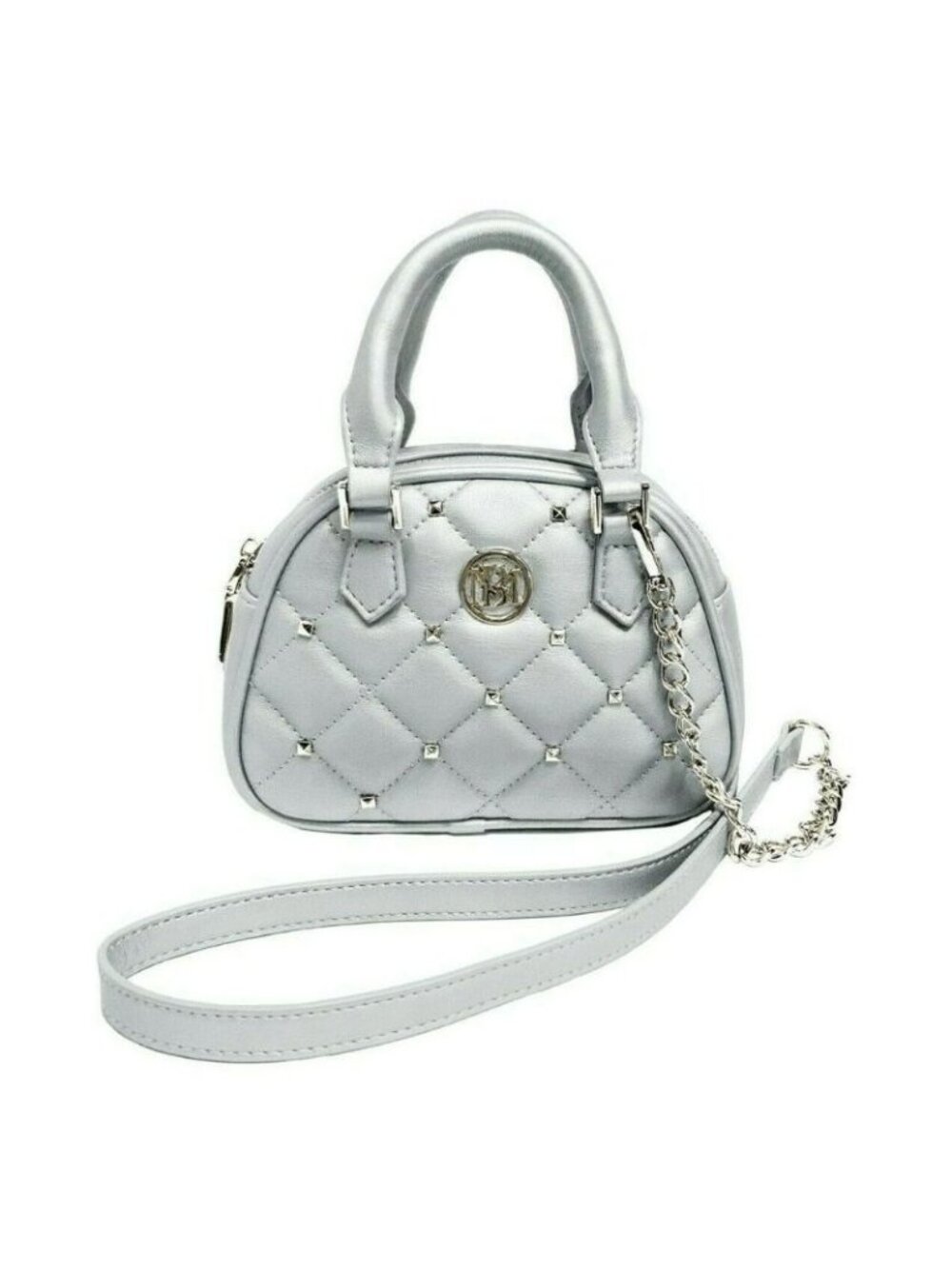 NWT Badgley Mischka Womens Metallic Grey Studded Quilted Crossbody Handbag